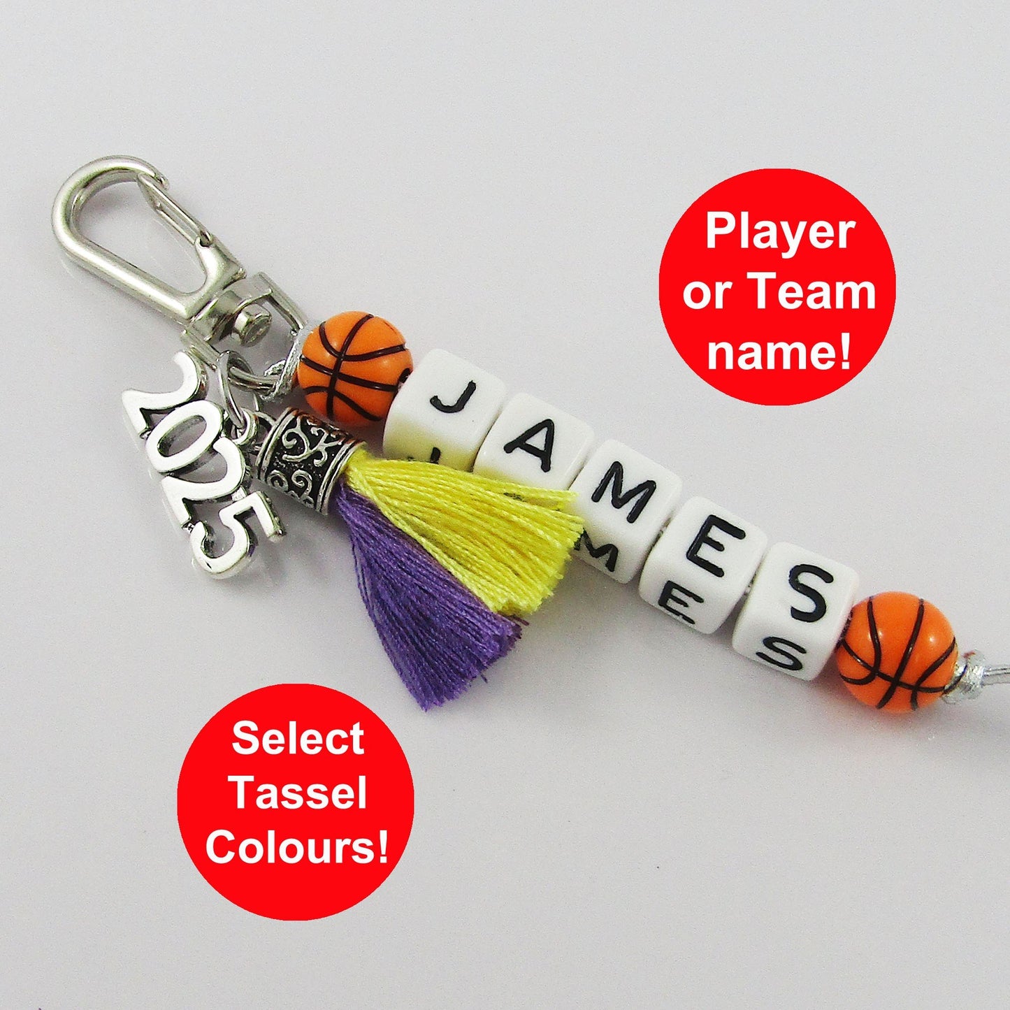 2025 BASKETBALL Name Bag Tag Two Colour Tassel Keychain Choose name and colours!