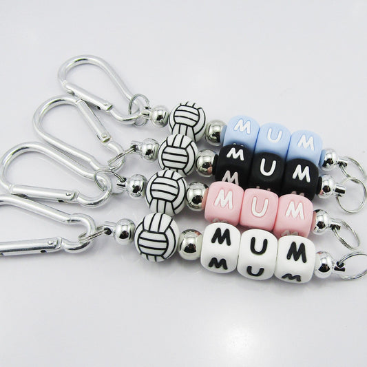 Netball Mum Beaded Carabiner Bag Tag Keychain Keyring 140mm Select Colour