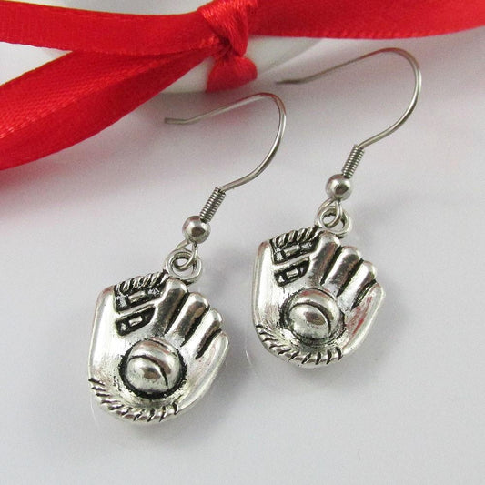 3D Baseball Softball Glove Mitt Charm Earrings Stainless Steel Hooks 40mm