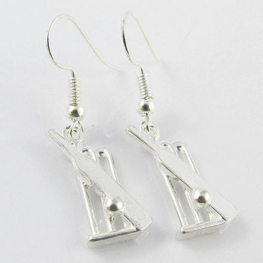 Silver Plate Stumps Bat & Ball Cricket Charm Sport Hook Earrings 37mm