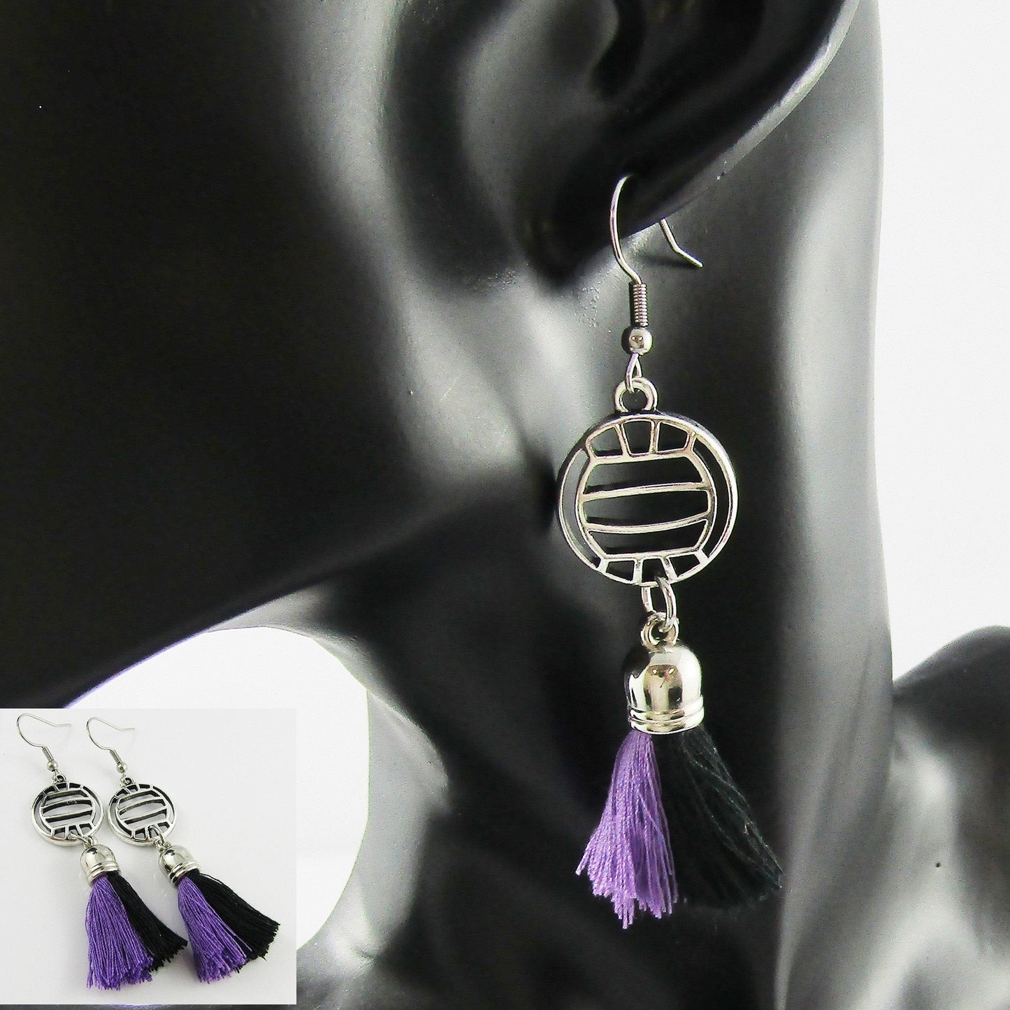 2 Colour Tassel NETBALL Charm Hook Earrings Stainless Steel 75mm Select Colours