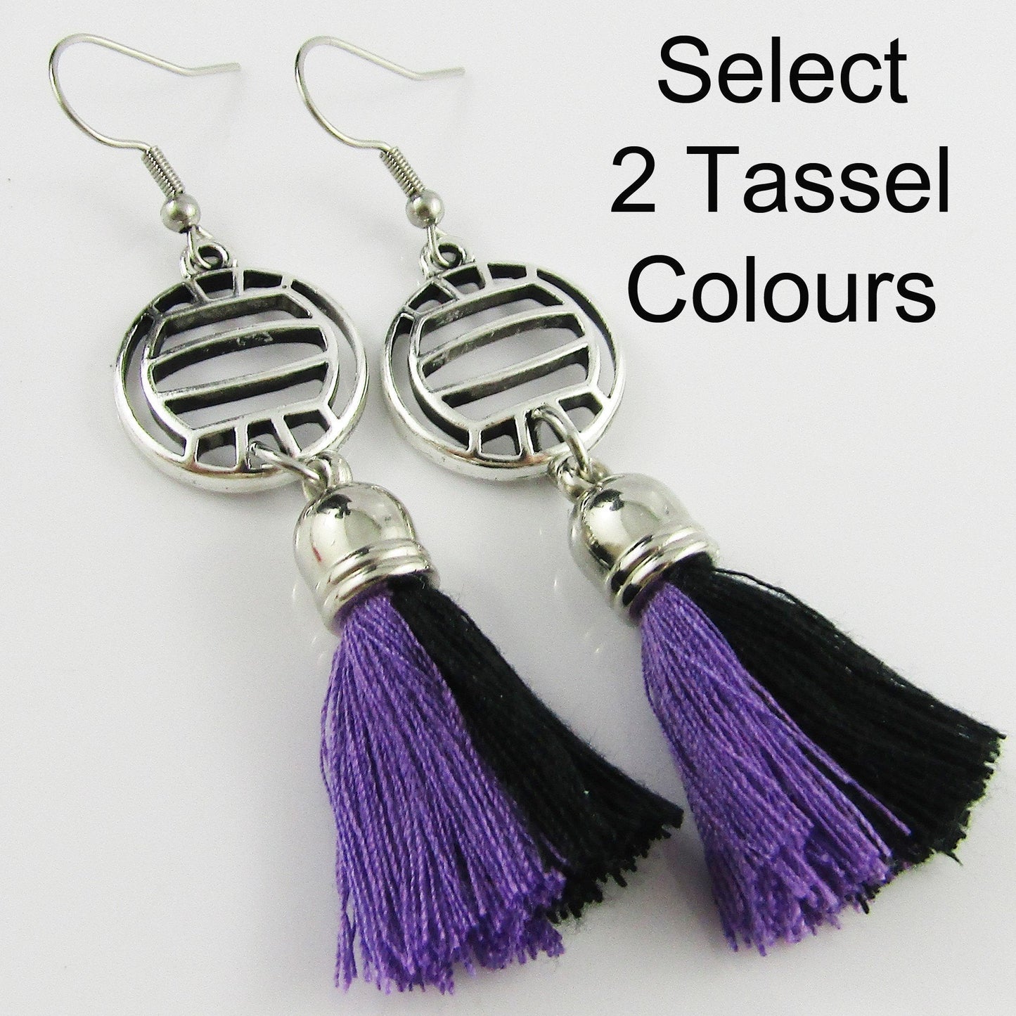 2 Colour Tassel NETBALL Charm Hook Earrings Stainless Steel 75mm Select Colours