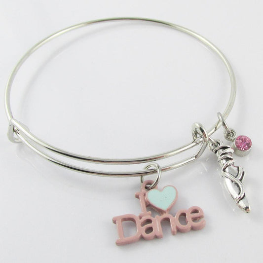 I Love Dance Charm Bangle Bracelet with Ballet Shoe Charm & Rhinestone