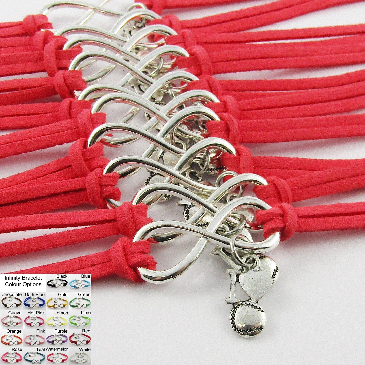 Team set of 10 Infinity Forever I Love Baseball Charm Bracelet Gift Pick Colour