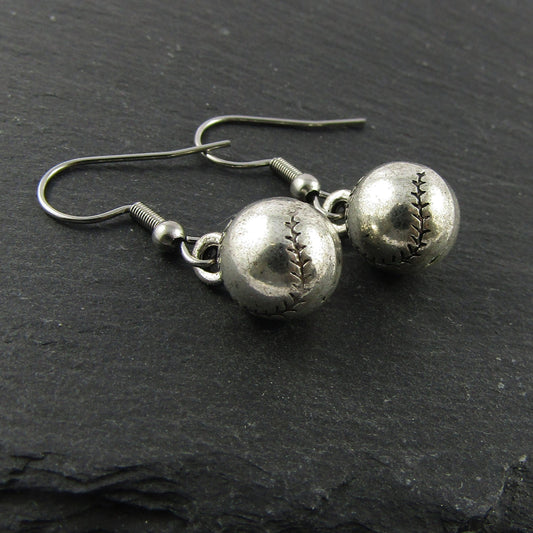 3D Baseball Softball Ball Charm Hook Earrings 30mm Stainless Steel Hooks