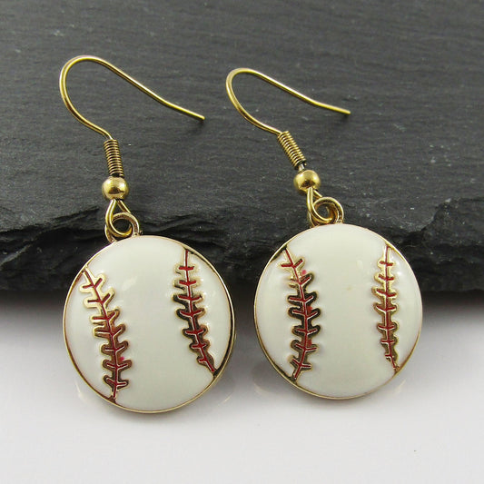 Enamel Baseball Softball Charm Earrings Gold Plated SS Hooks 40mm