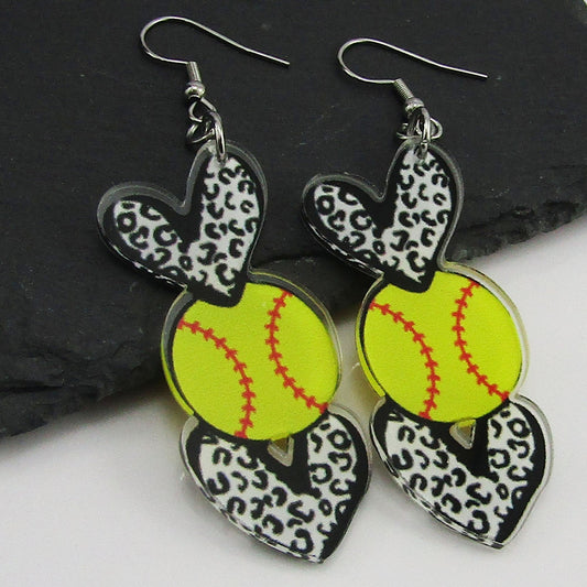 Acrylic Statement Love Heart Softball Charm Hook Earrings 75mm SS Hooks