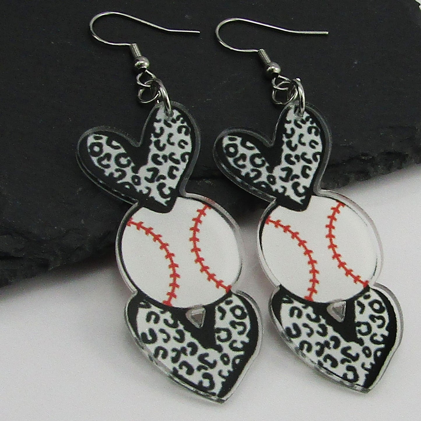 Acrylic Statement Love Heart Baseball Charm Hook Earrings 75mm SS Hooks