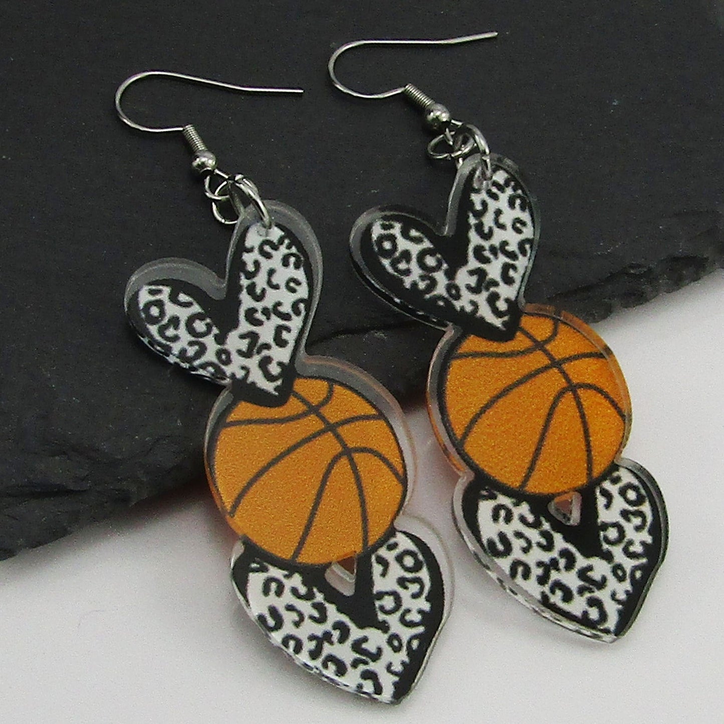 Acrylic Statement Love Heart Basketball Charm Hook Earrings 75mm SS Hooks