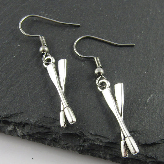 Row Team Rowing Paddles Charm Hook Earrings 40mm Stainless Steel Hooks