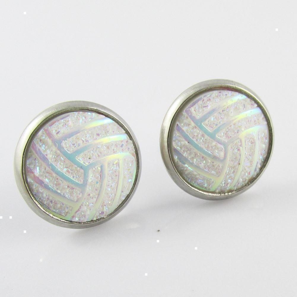 Glitter Netball Stud Earrings 14mm Stainless Steel