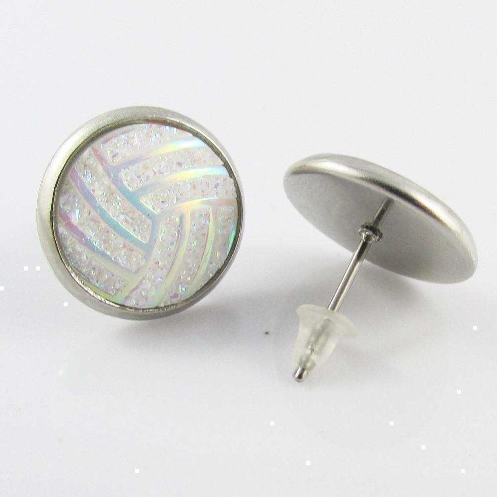 Glitter Netball Stud Earrings 14mm Stainless Steel