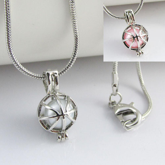 Basketball Cage Diffuser Pendant Necklace 46cm Select Pink or Blue Pearl