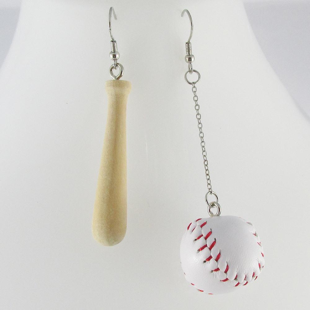 Asymmetric Baseball and Baseball Bat Charm Statement Hook Earrings 38mm