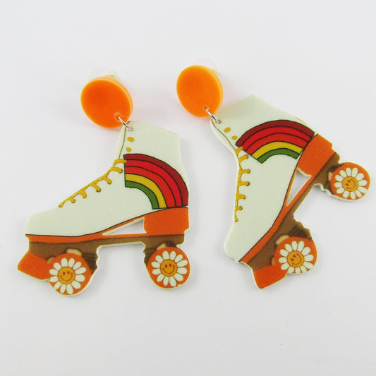 Acrylic Rainbow Daisy Retro Roller Skates Charm Statement Stud Earrings 64mm