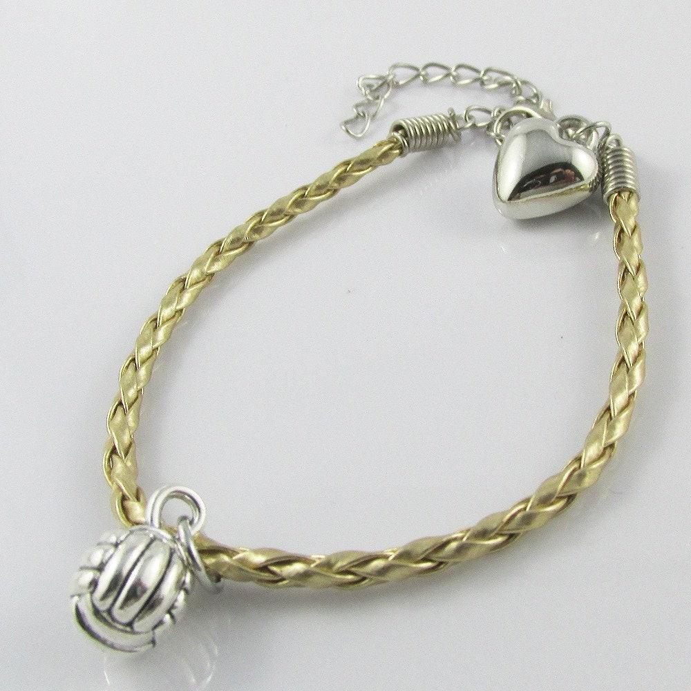 3D Netball Charm Bracelet Adjustable Gold or Silver Braid Cord Sport Team Gift