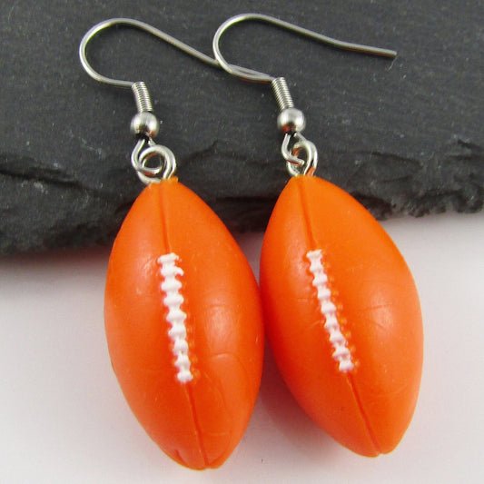 Resin Statement 3D Football Rugby Charm Hook Earrings 45mm Stainless Steel Hooks